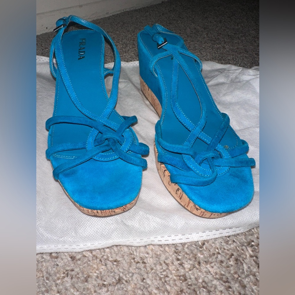 Prada Blue Suede Wedge Sandals
